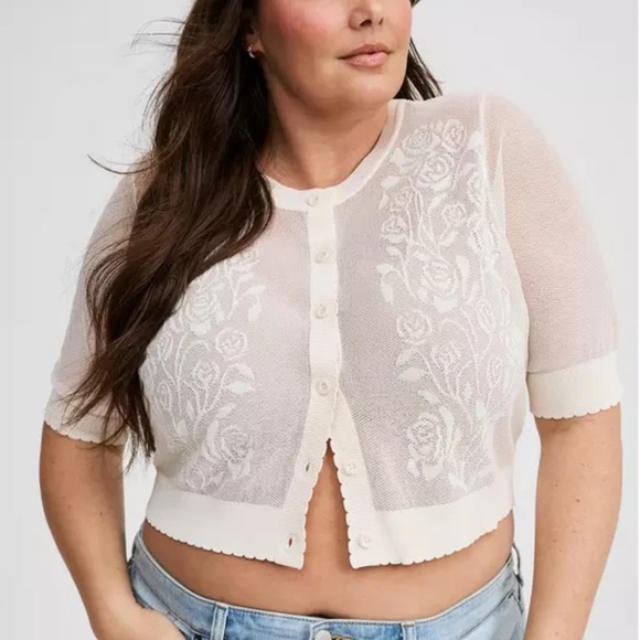 Torrid Pointelle Lace Button Front Crop Cardigan - Picture 10 of 10